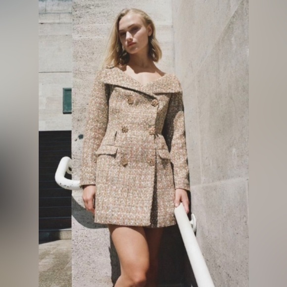 Self-Portrait Gold Tinsel Boucle Off Shoulder Tweed Mini Dress NWT - Picture 1 of 10